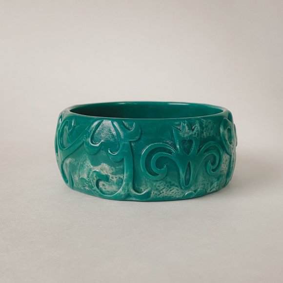 Vintage Acrylic Chunky Teal Green Faux Marble Art Nouveau Wide Bangle Bracelet - Picture 2 of 11